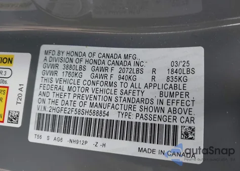 2025 Honda Civic Sport из США, поврежденный, VIN 2HGFE2F58SH588854